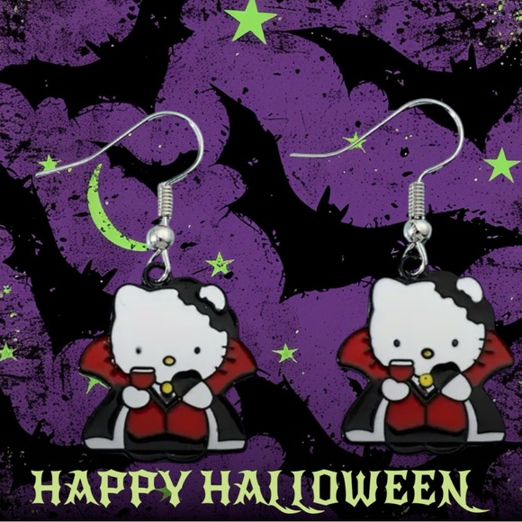 ‼️$7‼️ Hello Kitty  “Dracula” Themed
Drop Dangle Earrings, Silver-Plated - Picture 1 of 5